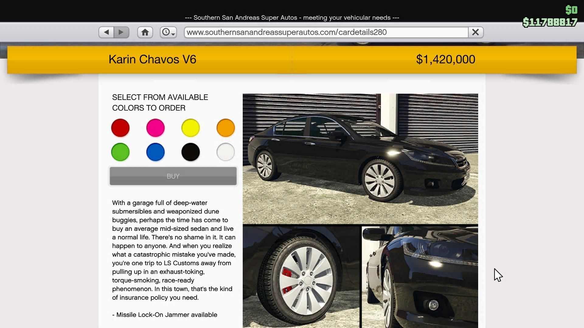 Chavos V6&#039;s page on the Southern San Anderas Super Autos website (Image via Rockstar Games)