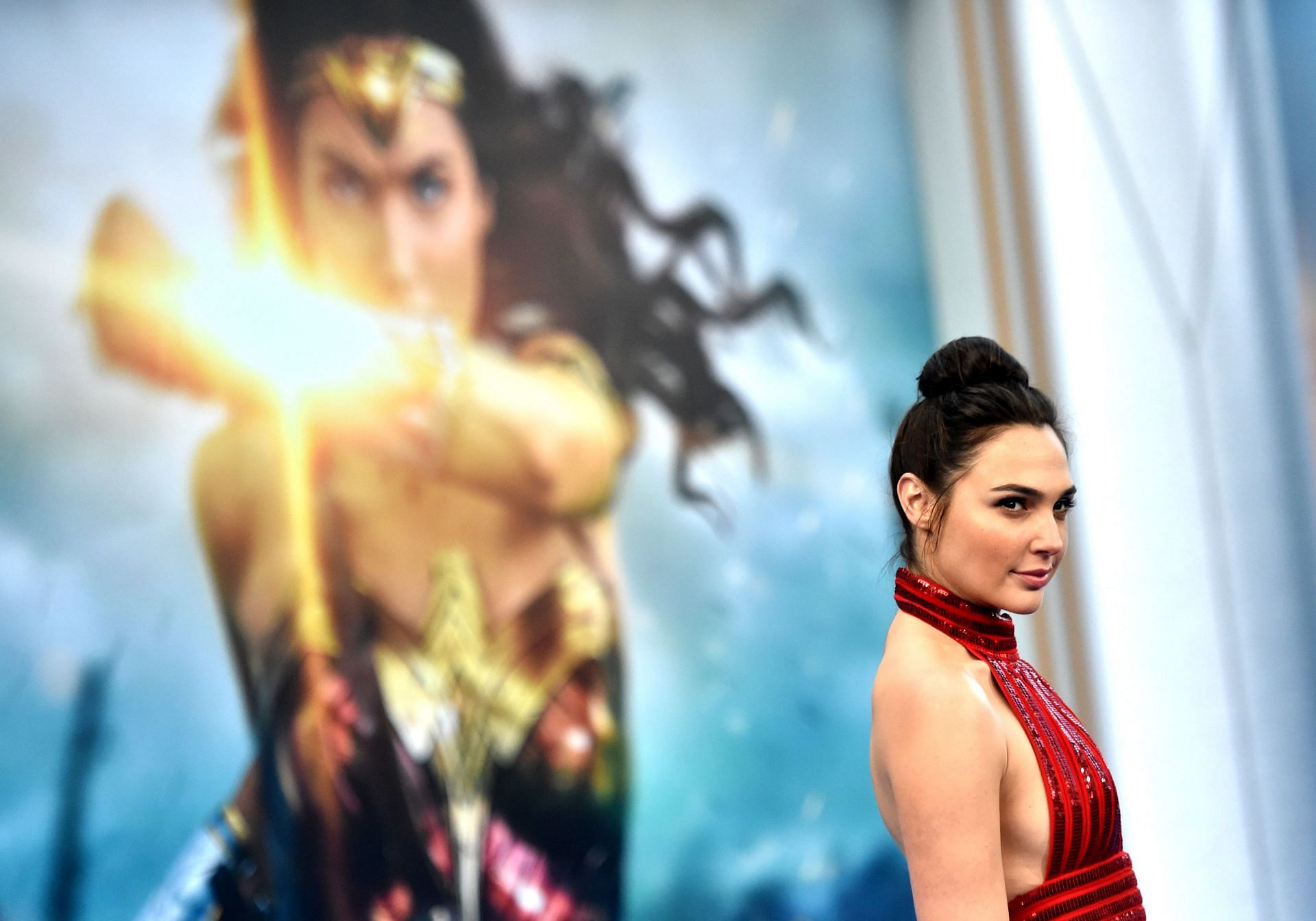 Gal Gadot at a Wonder Woman press event (Image via Getty/@Frazer Harrison)