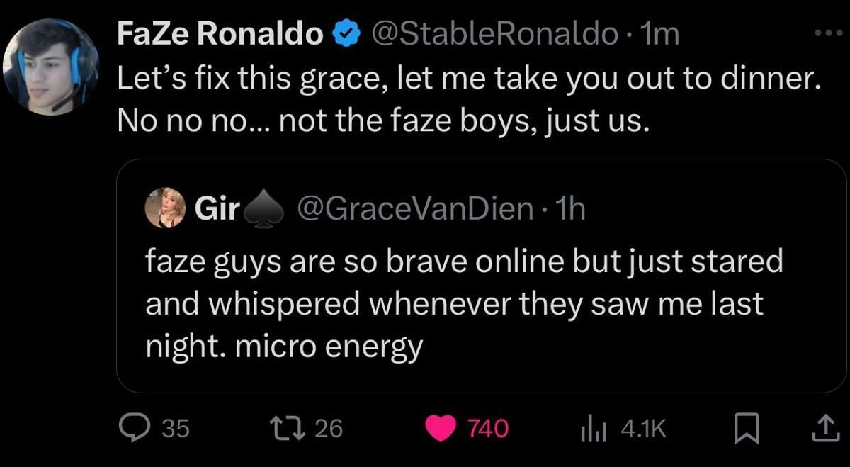 FaZe Ronaldo mocks Grace Van Dien following her post (Image via X/FaZe Ronaldo)