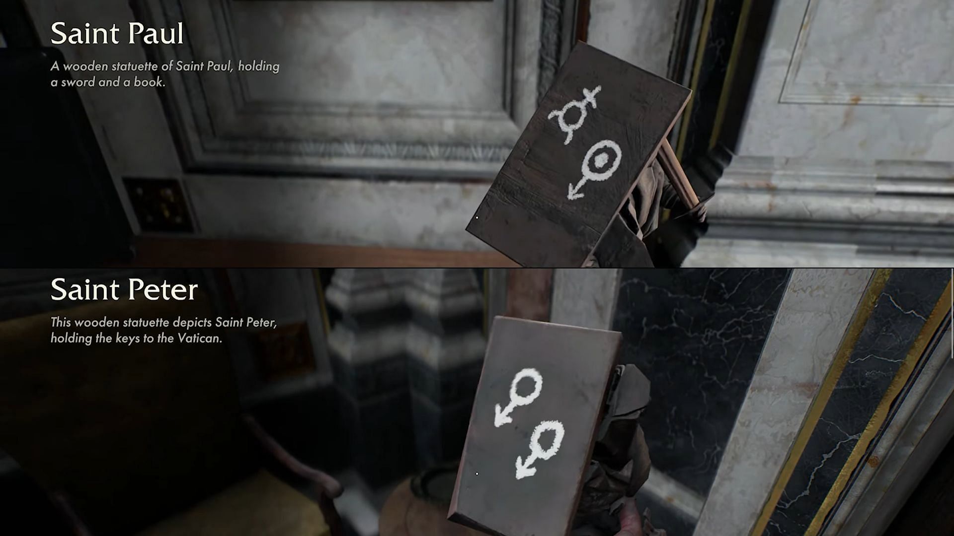 The symbols underneath the statues of Saint Paul and Saint Peter (Image via Bethesda)