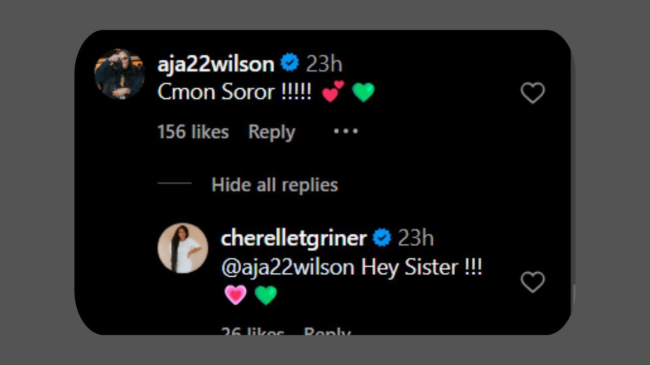 A&#039;ja Wilson comments on Brittany Griner&#039;s wife&#039;s post. (Credits: @cherelletgriner/Instagram)