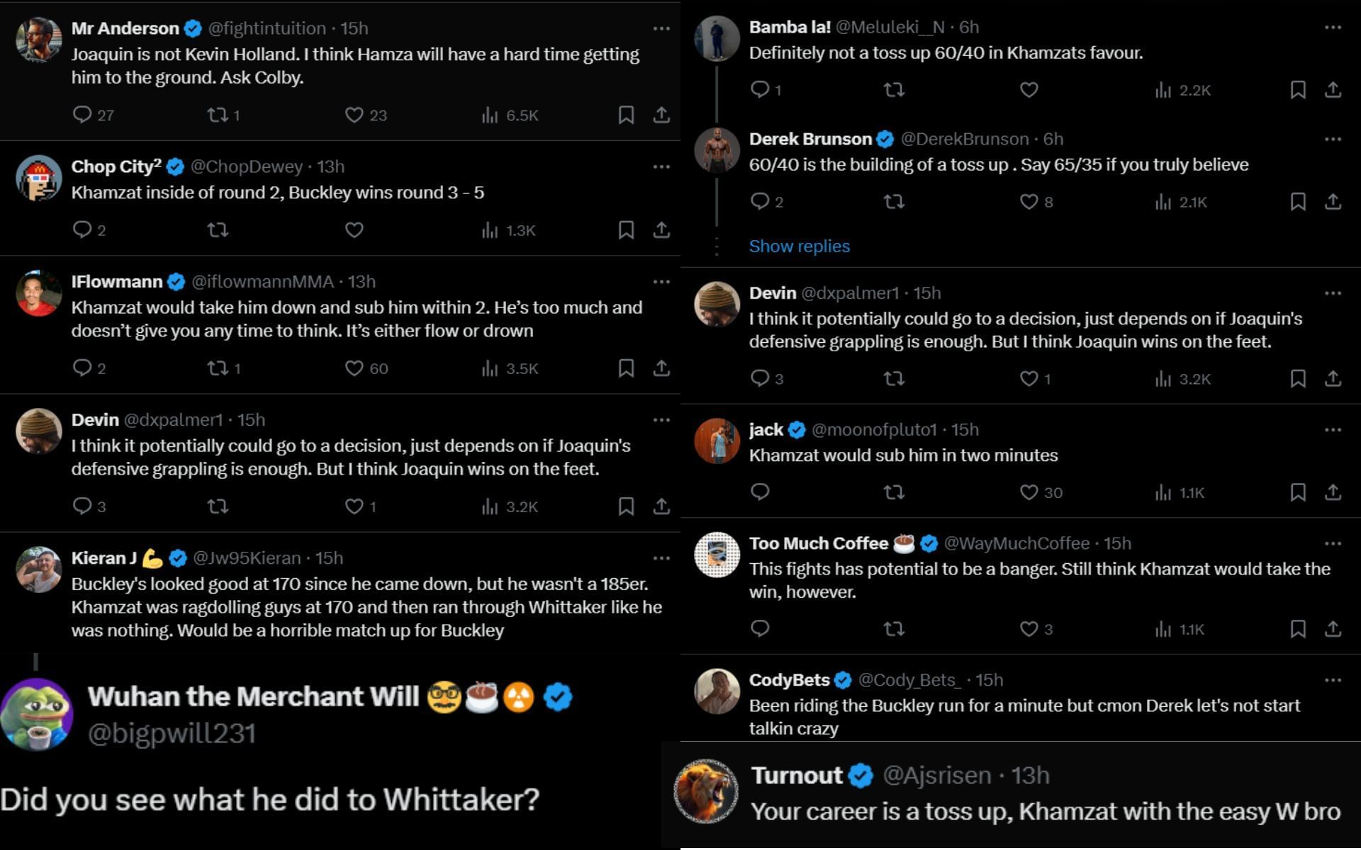 Fans react to Derek Brunson&#039;s take on potential Khamzat Chimaev vs. Joaquin Buckley clash. [Screenshots courtesy: @DerekBrunson on X]