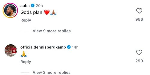 Pierre-Emerick Aubameyang and Dennis Bergkamp's comment on Bukayo Saka's post