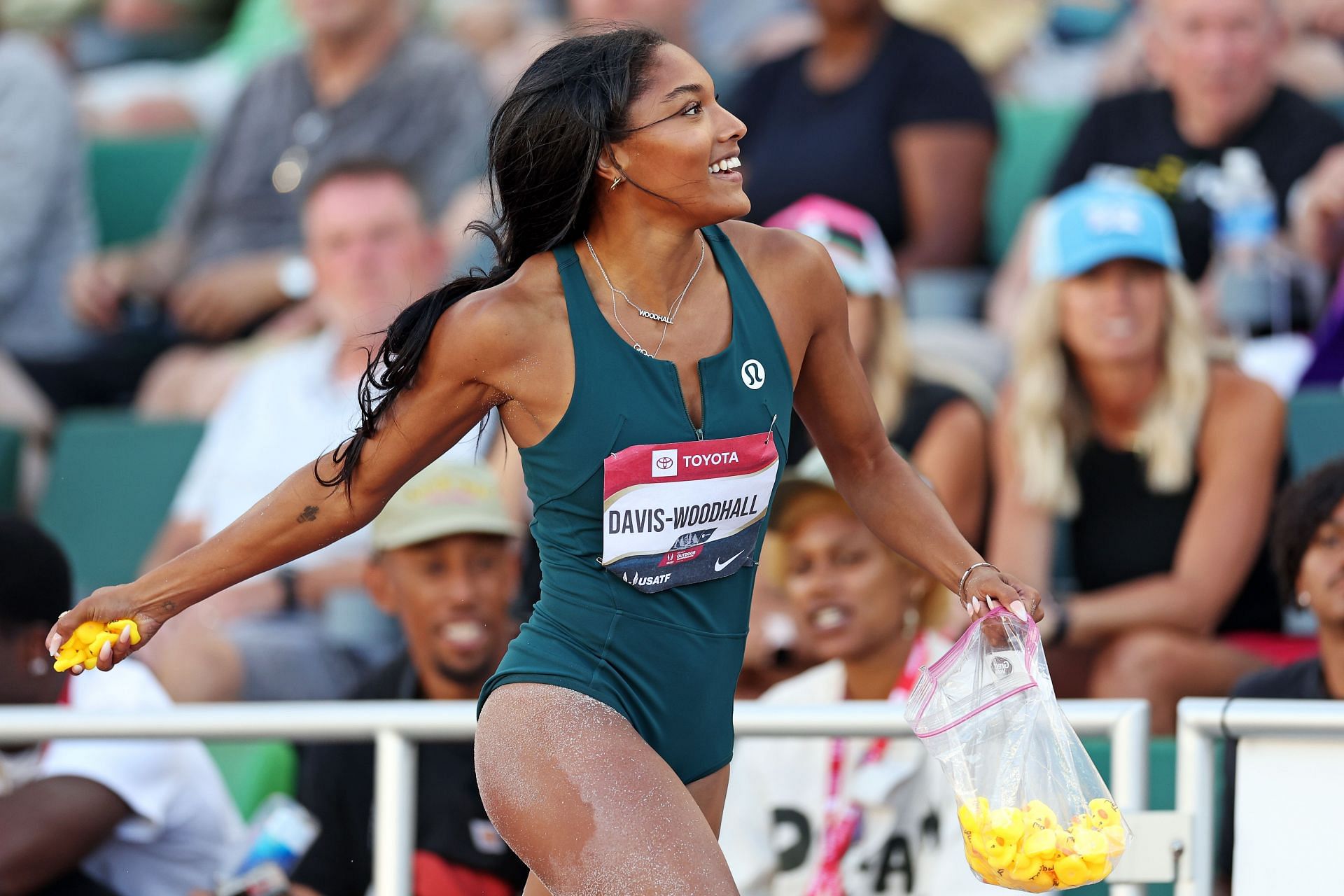 Davis-Woodhall after her long jump at the Hayward Field during the 2023 USATF Outdoor Championships (Image via: Getty Images)