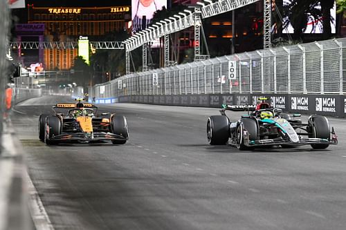 McLaren Formula 1 Team driver Lando Norris (4) of the United Kingdom chases Mercedes AMG Petronas F1 Team driver Lewis Hamilton (44) of the United Kingdom - Source: Getty Images