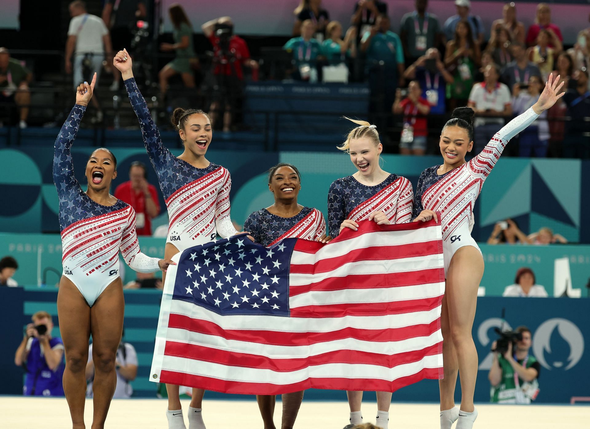 Jordan Chiles, Hezly Rivera, &lt;a href=&#039;https://www.sportskeeda.com/player/simone-biles&#039; target=&#039;_blank&#039; rel=&#039;noopener noreferrer&#039;&gt;Simone Biles&lt;/a&gt;, Jade Carey and Suni Lee at Paris Olympics. PHOTO: Getty Images