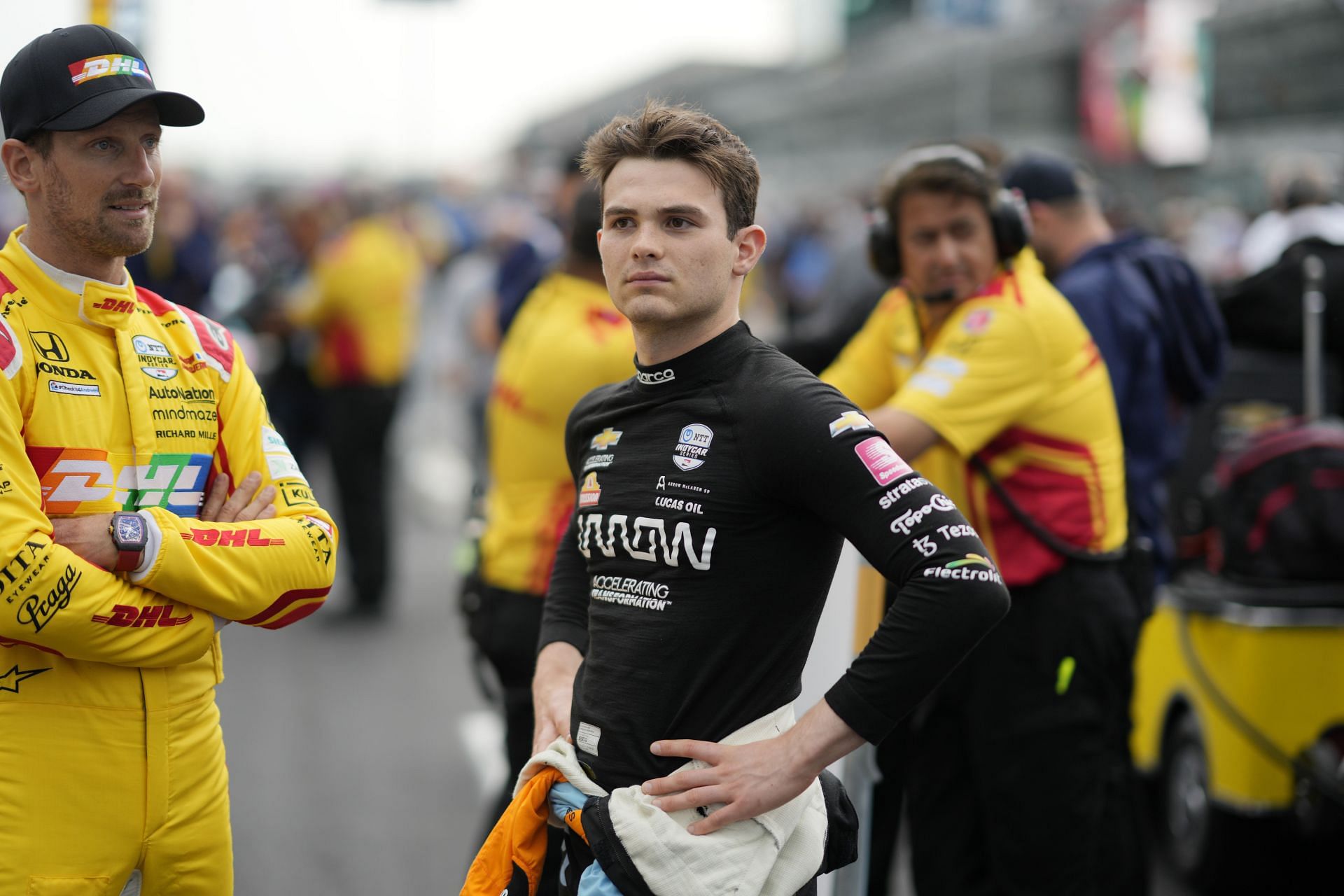 Pato O&#039;Ward (R) with Romain Grosjean at the 106th Indianapolis 500 Qualifying - Source: Getty