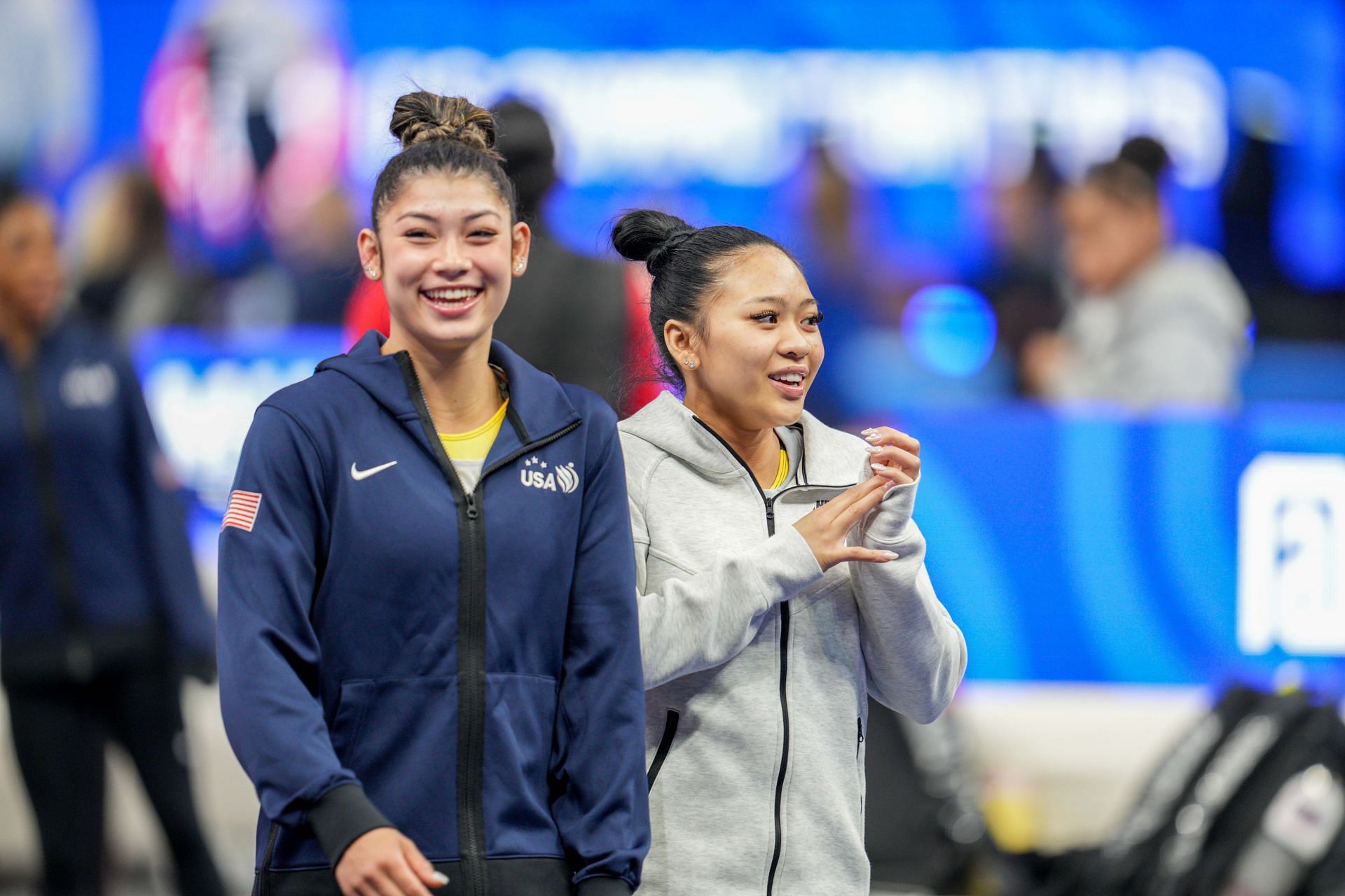 Kayla DiCello and Suni Lee at U.S. Olympic Gymnastics Team Trials podium training session on June 26, 2024 (Photo via Getty Images)