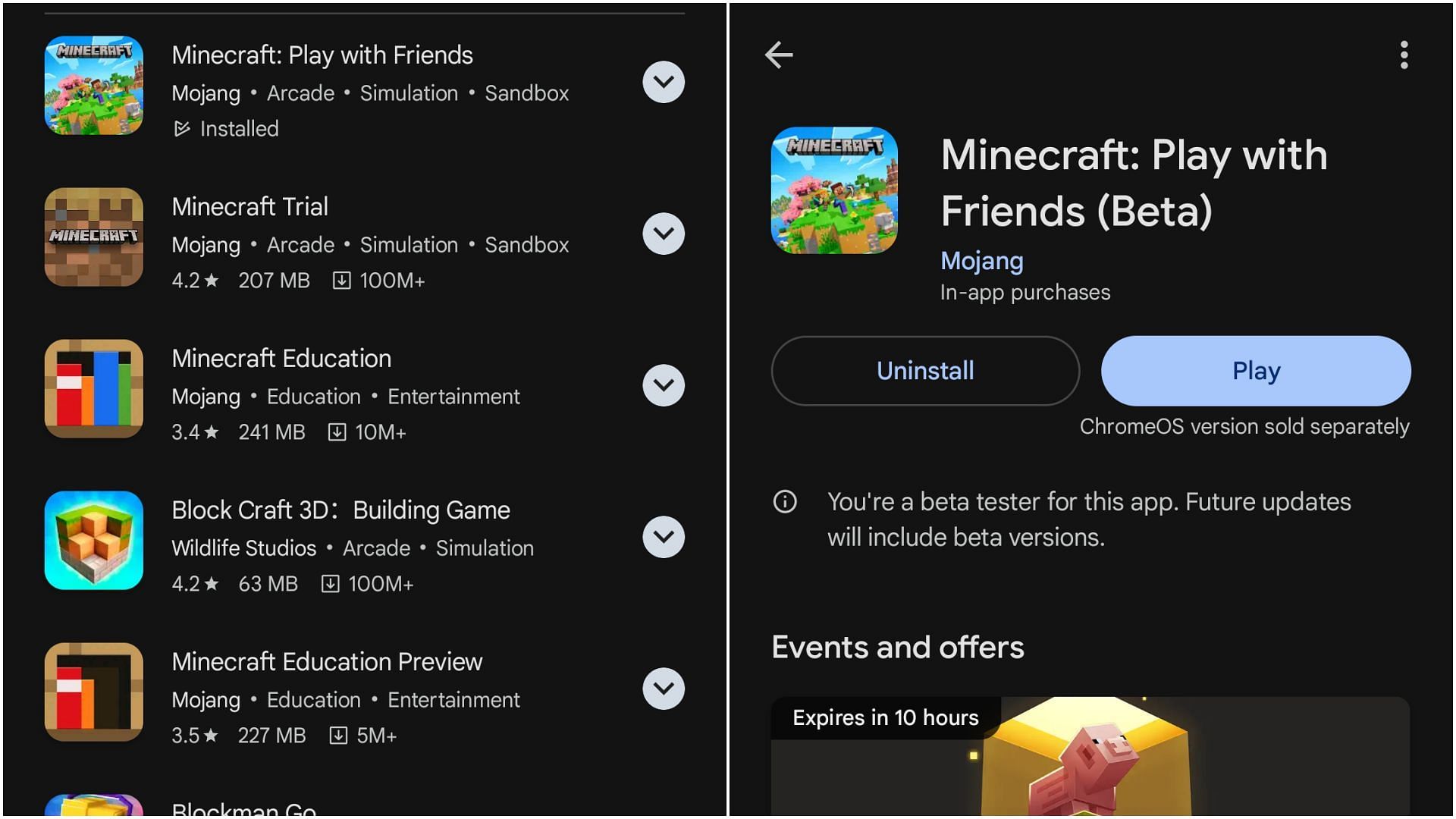 Search for the Minecraft app on Google Play Store (Image via Google Play Store)