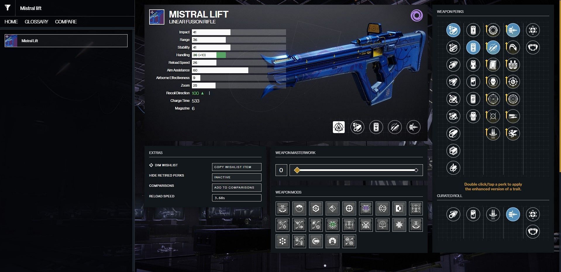 Mistral Lift PvE god roll (Image via Bungie/D2Gunsmith)