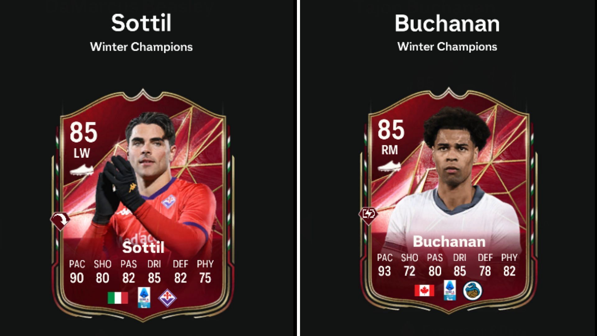 EA FC 25 Riccardo Sottil vs Tajon Buchanan Winter Champions SBCs are live (Image via EA Sports)