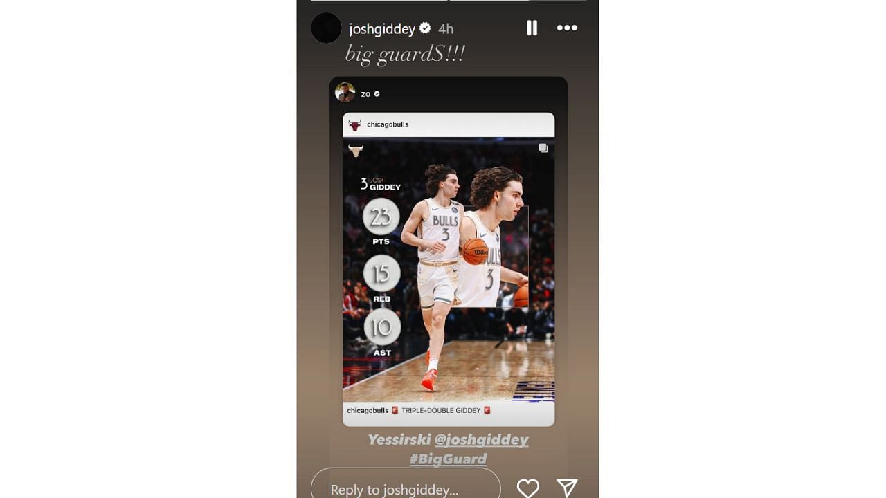 Josh Giddey and Lonzo Ball interact on Instagram after the Chicago Bulls&#039; 116-111 win over the Milwaukee Bucks on Saturday. [photo: @joshgiddey/IG]