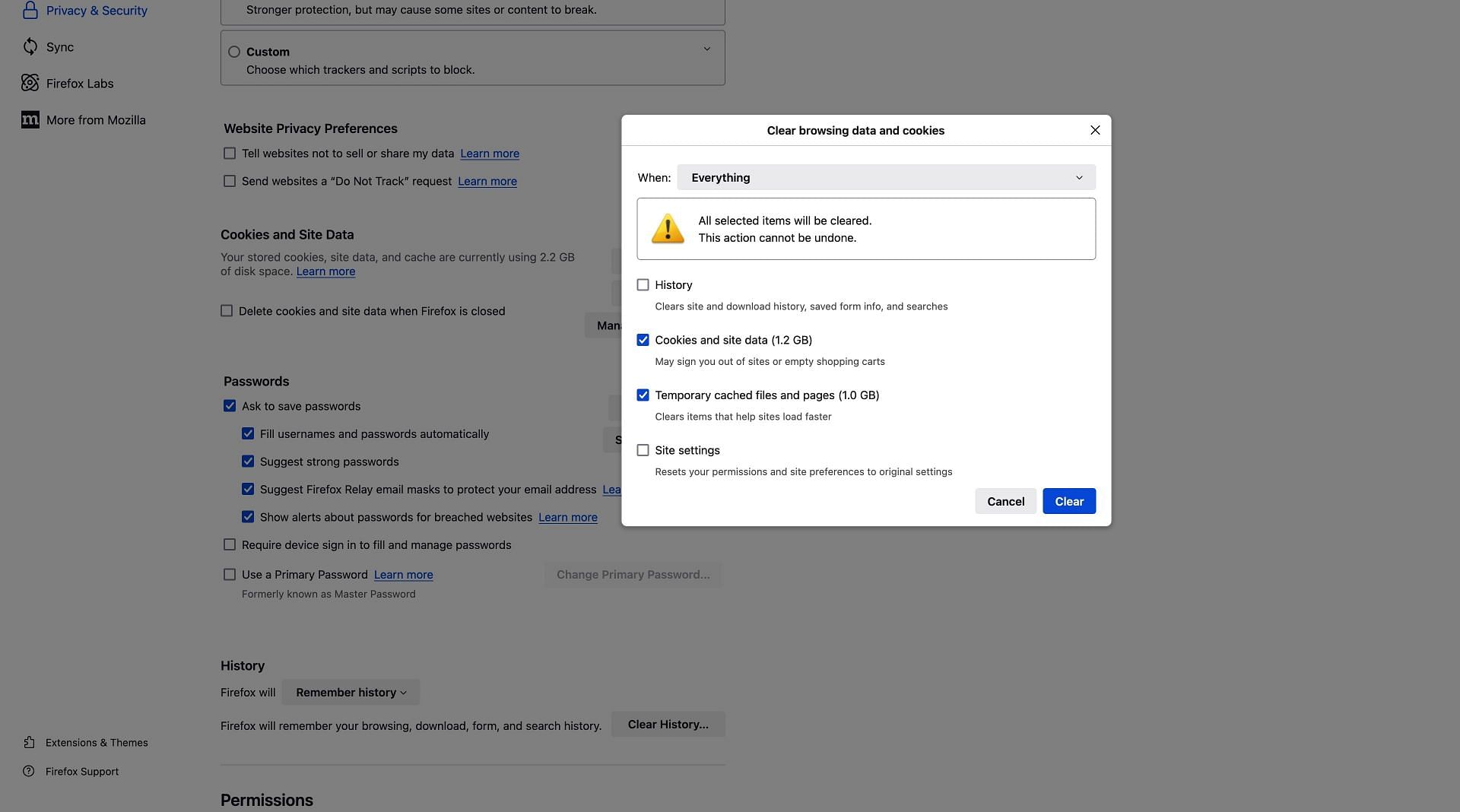 Clearing out cookies and cache in the browser (Image via Mozilla)