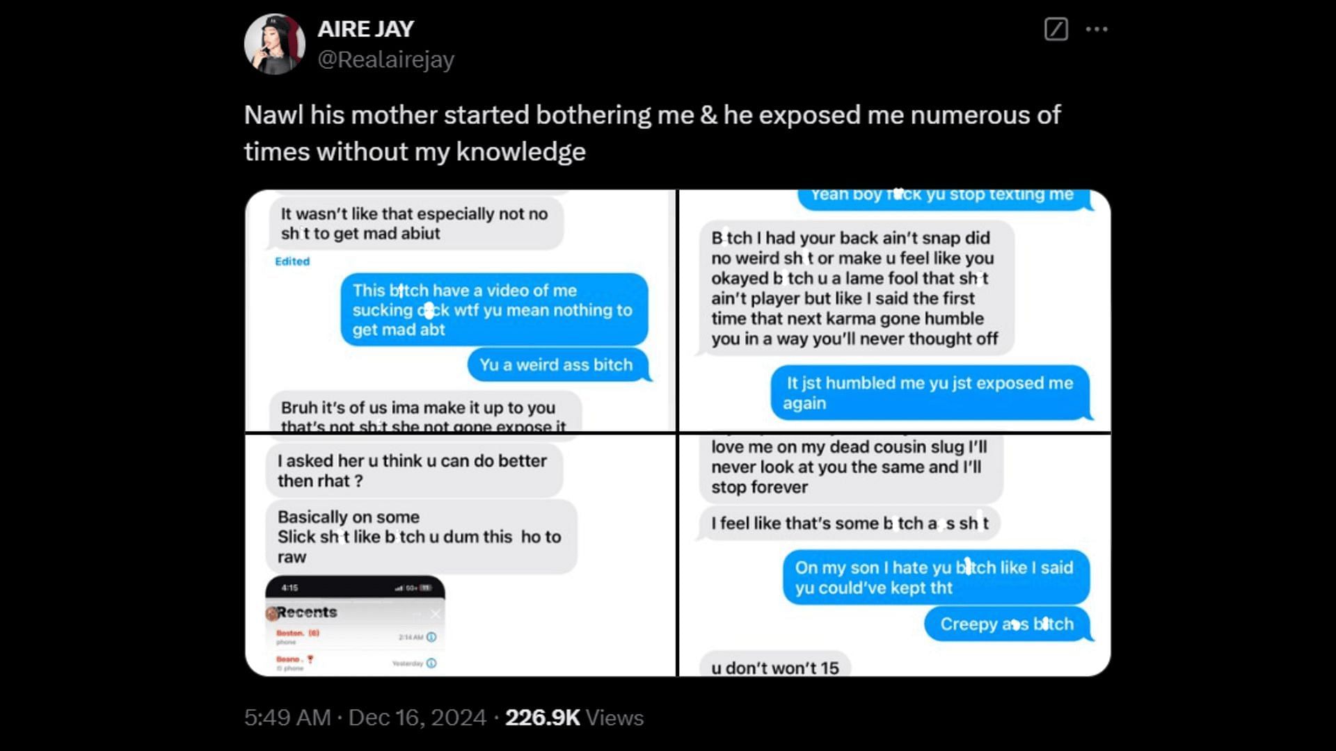 Aire Jay shared screenshots of alleged texts between her and Richey. (Image via X)