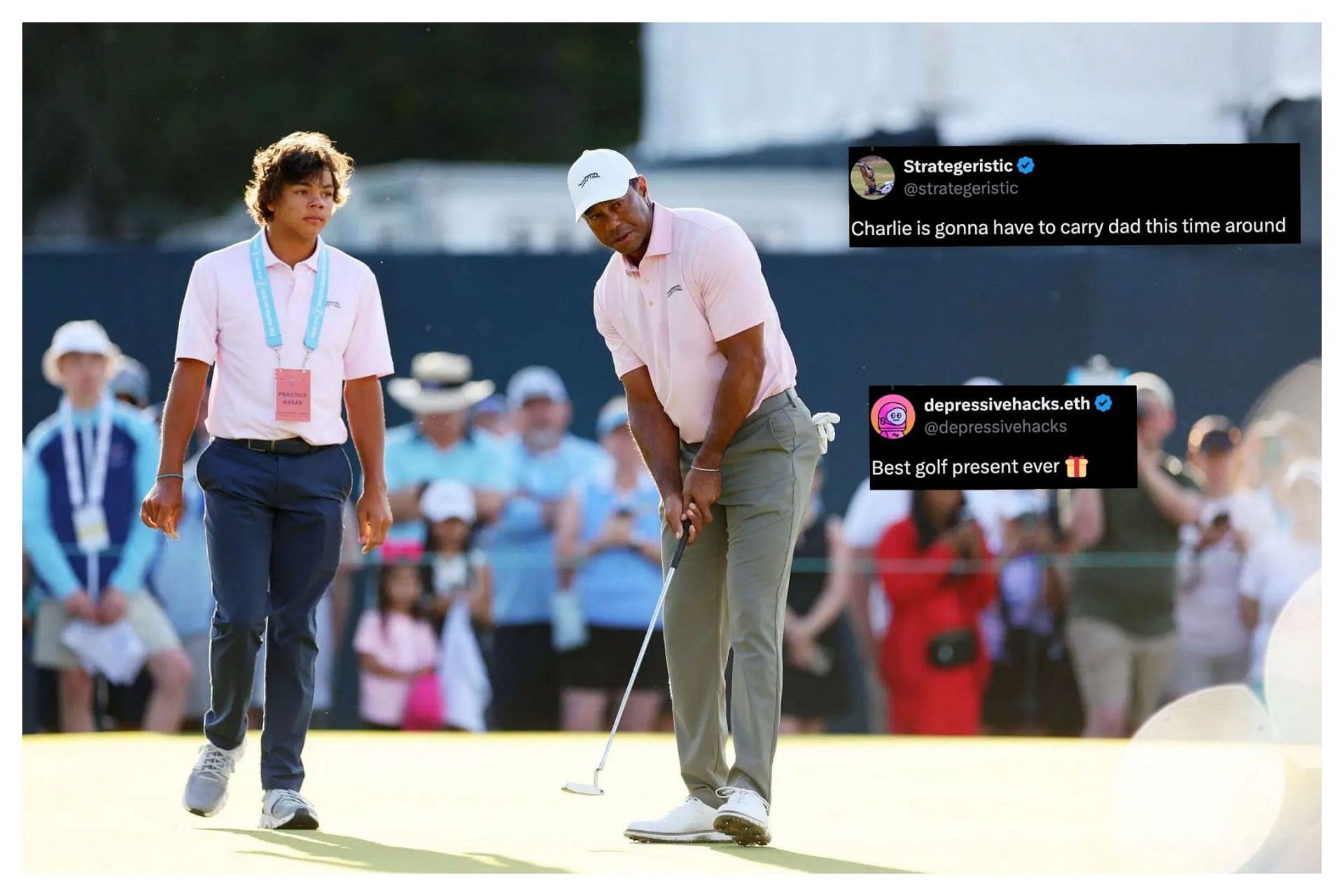 Tiger Woods and Charlie Woods commit to 2024 PNC Championship (Image via getty, x@depressivehacks, x@strategeristic)