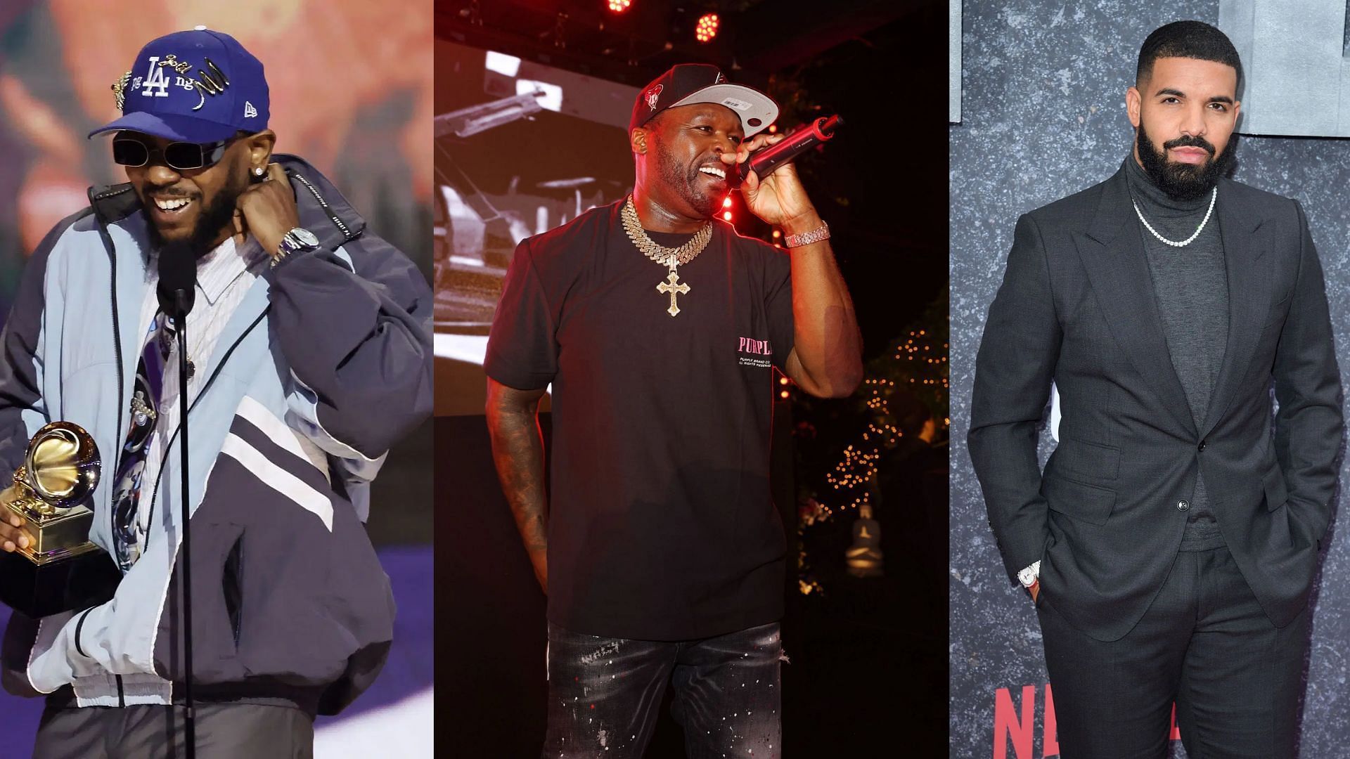 L to R: Kendrick Lamar, 50 Cent and Drake (All images sourced from Getty)