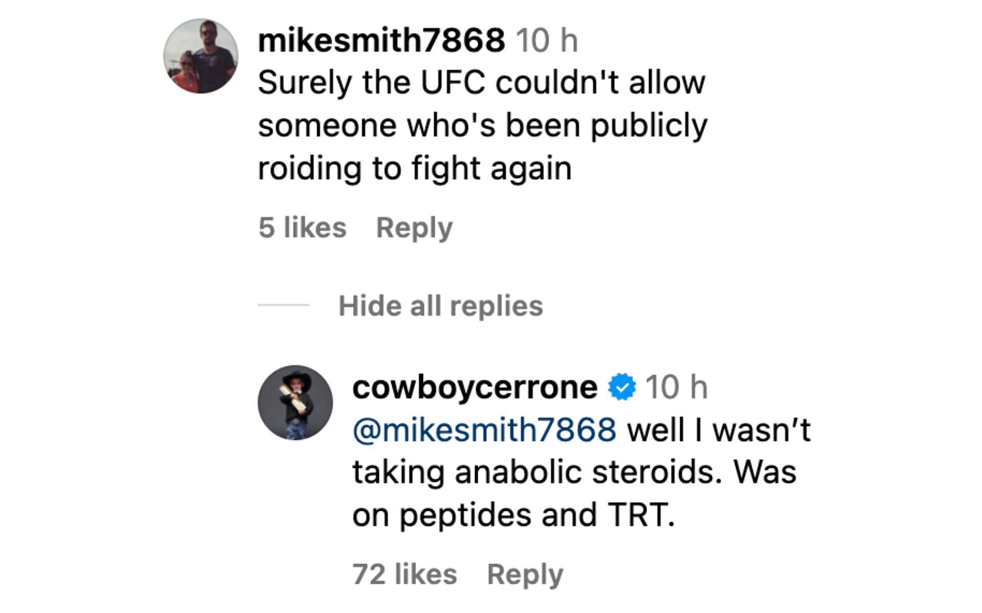 Donald Cerrone responds to fans questioning him on PED use. [Screenshot courtesy: @dalebrisby via Instagram]