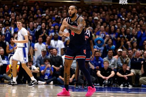 Johni Broome (#4) of the Auburn Tigers reacts following a call during the game against the Duke Blue Devils at Cameron Indoor Stadium on December 4, 2024 in Durham, North Carolina. Photo: Getty