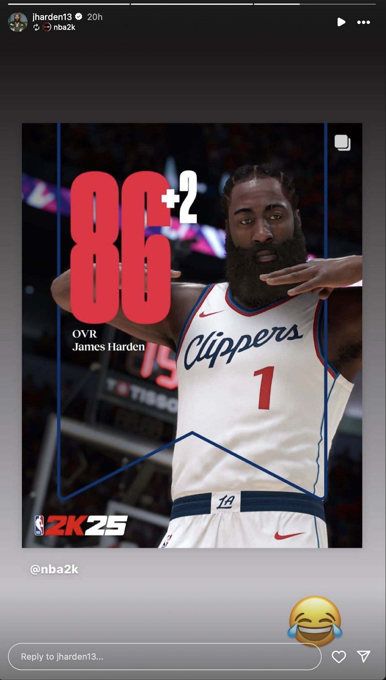 James Harden reacts to his rating on NBA 2k25 (Credits: IG/@JHarden13)