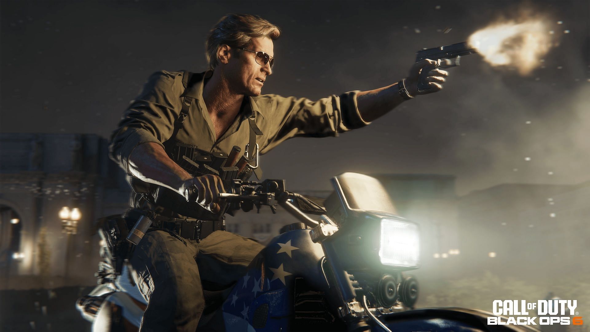 Operator Adler in Black Ops 6 shooting a pistol while riding a bike