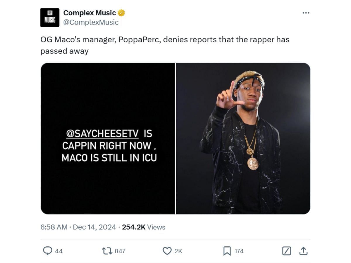 Poppa Perccc&#039;s statement on Maco&#039;s condition (Image via X/ @ComplexMusic)