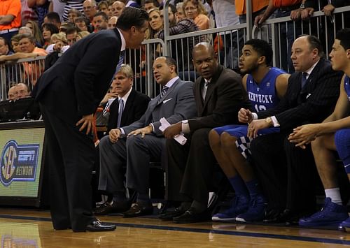 Kentucky Wildcats forward Karl-Anthony Towns (#12) talks with head coach John Calipari during the game against the Florida Gators. Photo: Imagn