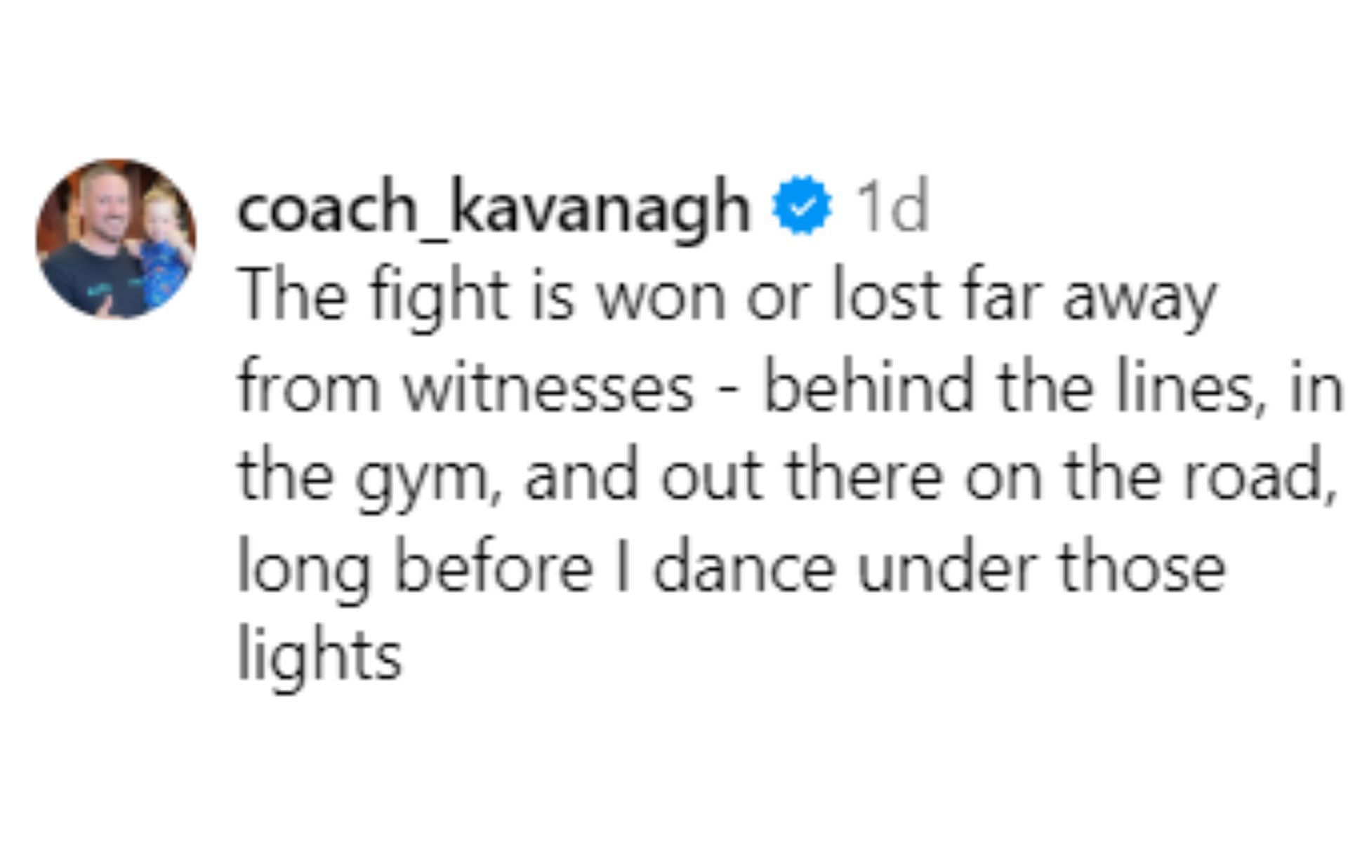 Screenshot of John Kavanagh&#039;s comment on Conor McGregor&#039;s Instagram post