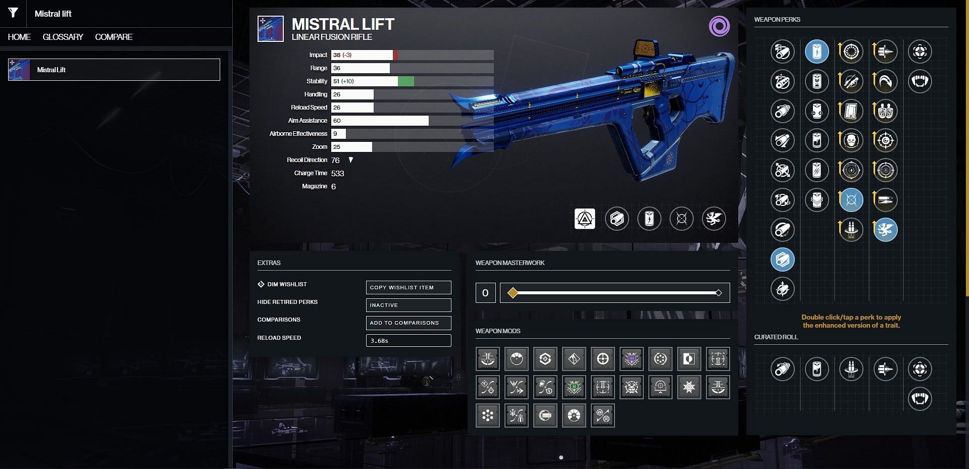 Mistral Lift PvP god roll (Image via Bungie/D2Gunsmith)