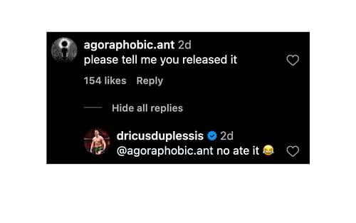 Screenshot of Dricus du Plessis' comment. [Image courtesy: @dricusduplessis on Instagram]