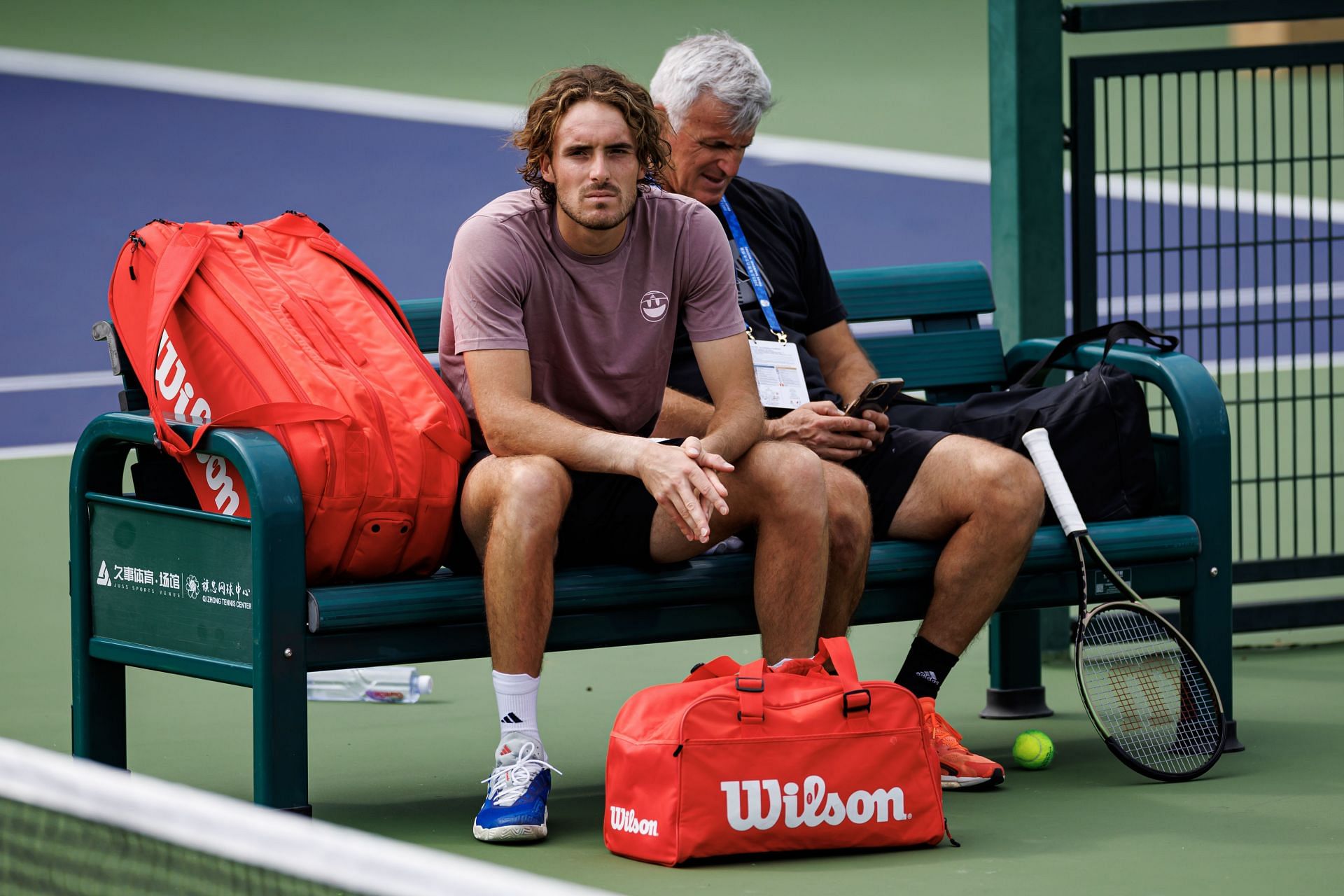 Stefanos Tsitsipas pictured with his father at the 2023 Shanghai Masters - Image Source: Getty