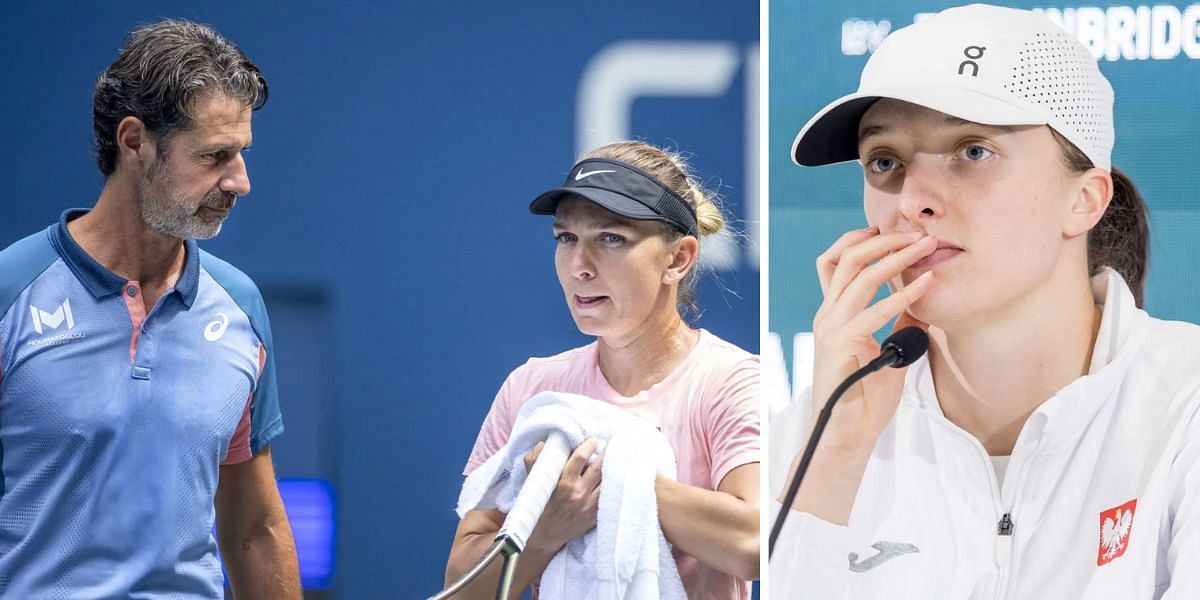 Simona Halep pictured with Patrick Mouratoglou (L); Iga Swiatek (R) - Image Source: Getty