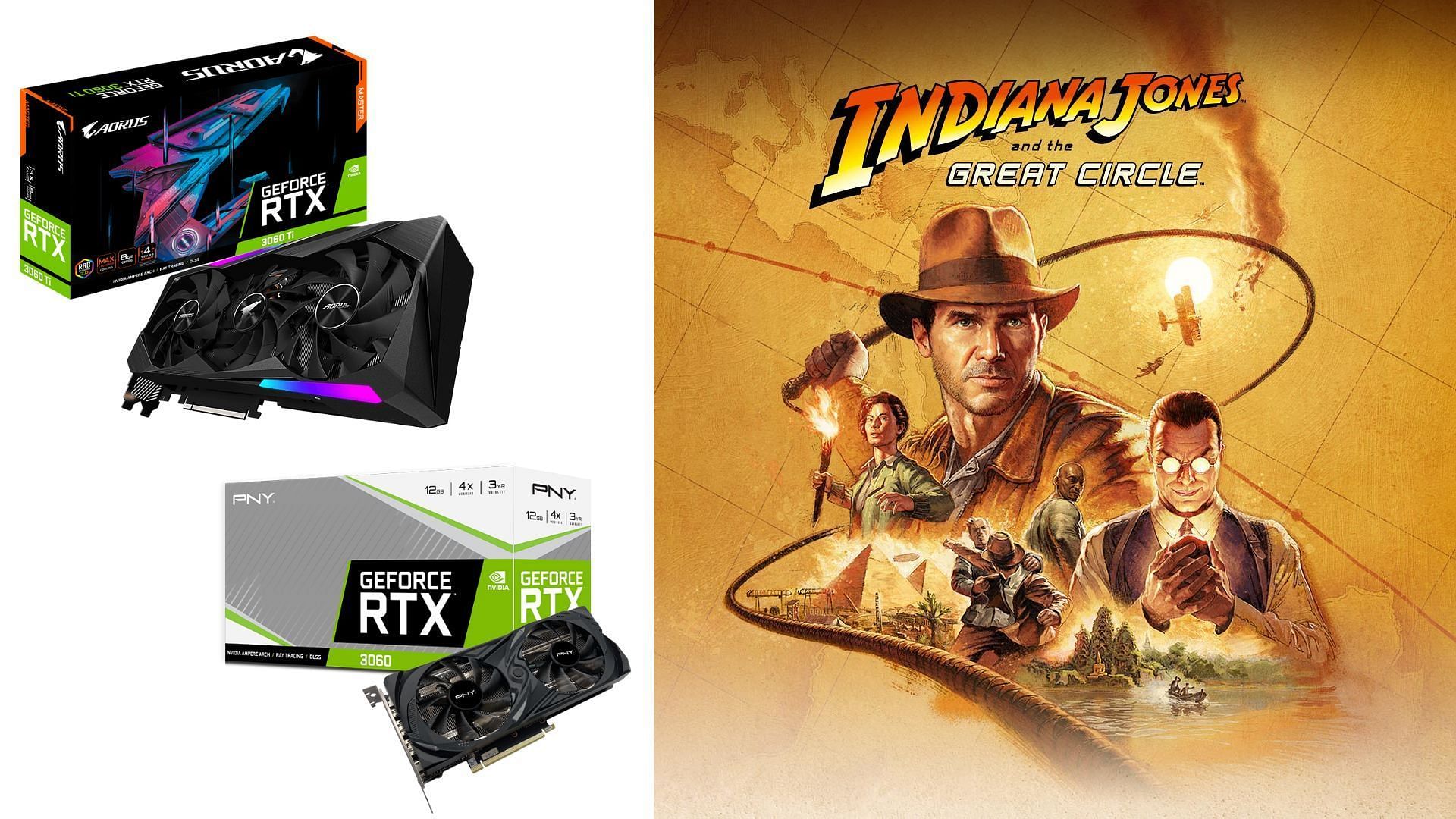 The best Indiana Jones and the Great Circle settings for Nvidia RTX 3060 (Image via Bethesda Softworks, Gigabyte, PNY)