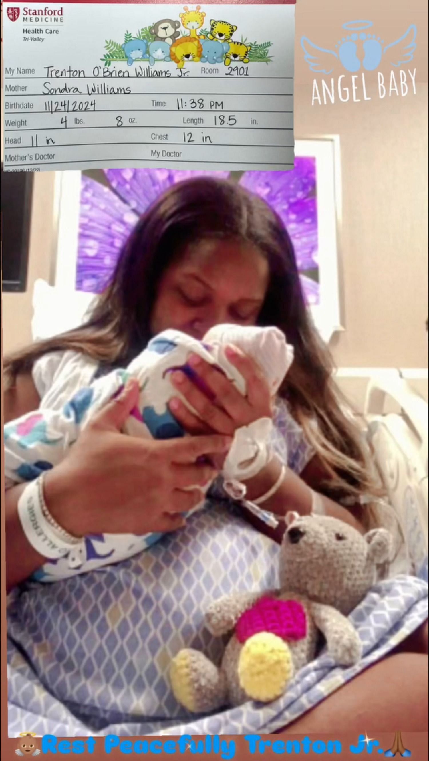 Sondra Williams holds Trent Jr. after his death