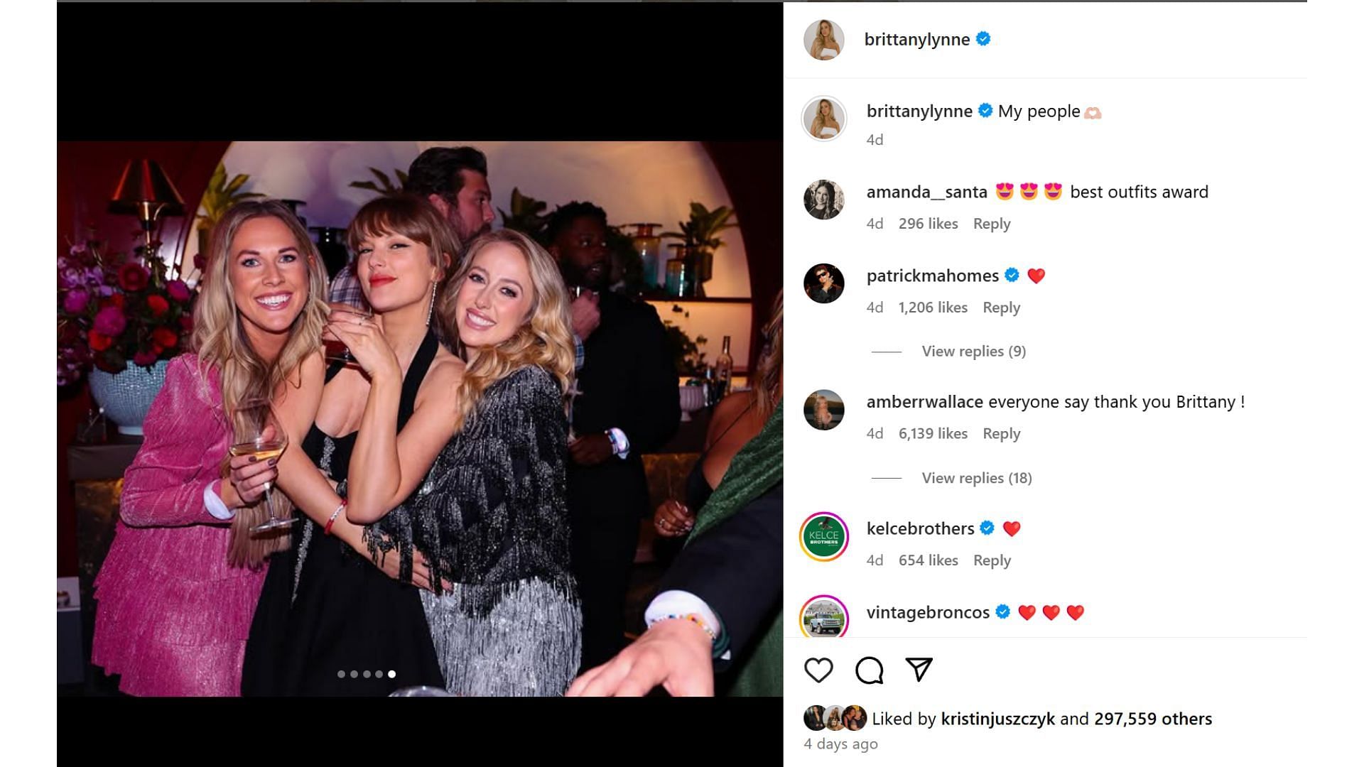 Patrick Mahomes' wife Brittany poses with Taylor Swift at latter's 35th birthday party [Credits: @brittanylynne Instagram]