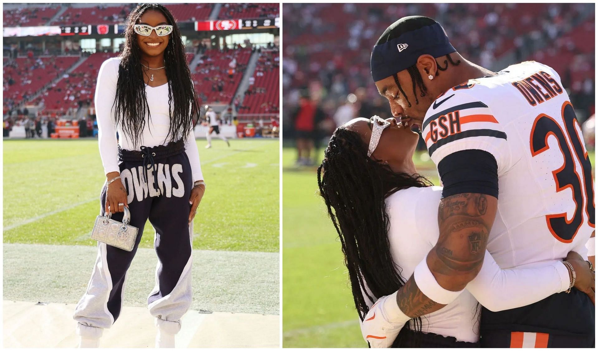 Simone Biles and Jonathan Owens at the NFL match-up between Bears and 49ers