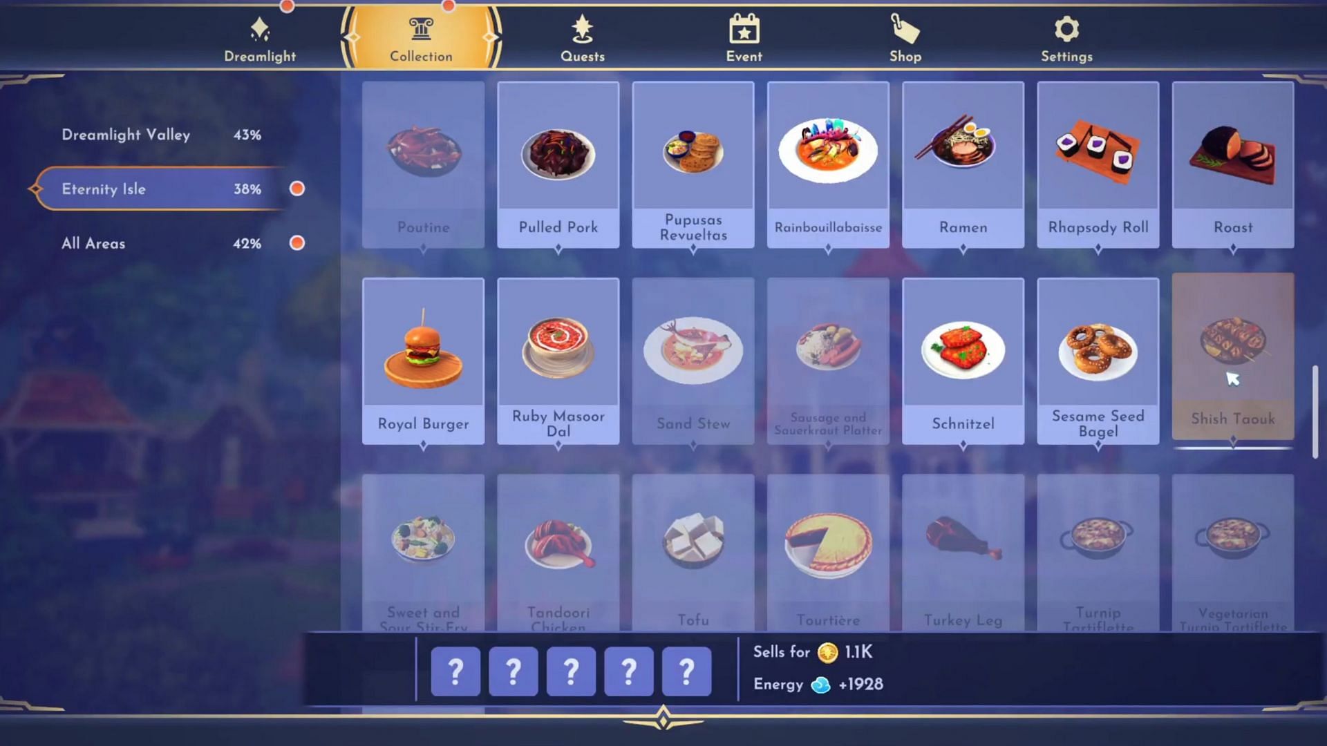 Shish Taouk restores 1928 Energy and sells for 1.1k Star Coins (Image via Gameloft)