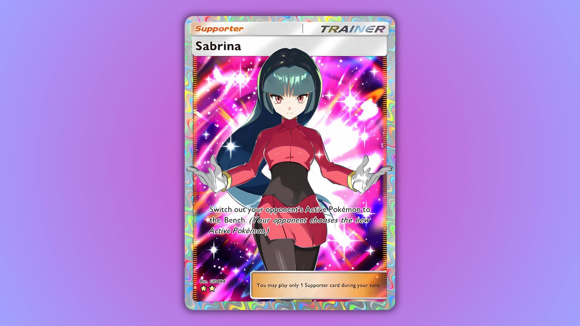 Sabrina&#039;s 2-star rare trainer card as seen in the game (Image via The Pokemon Company)