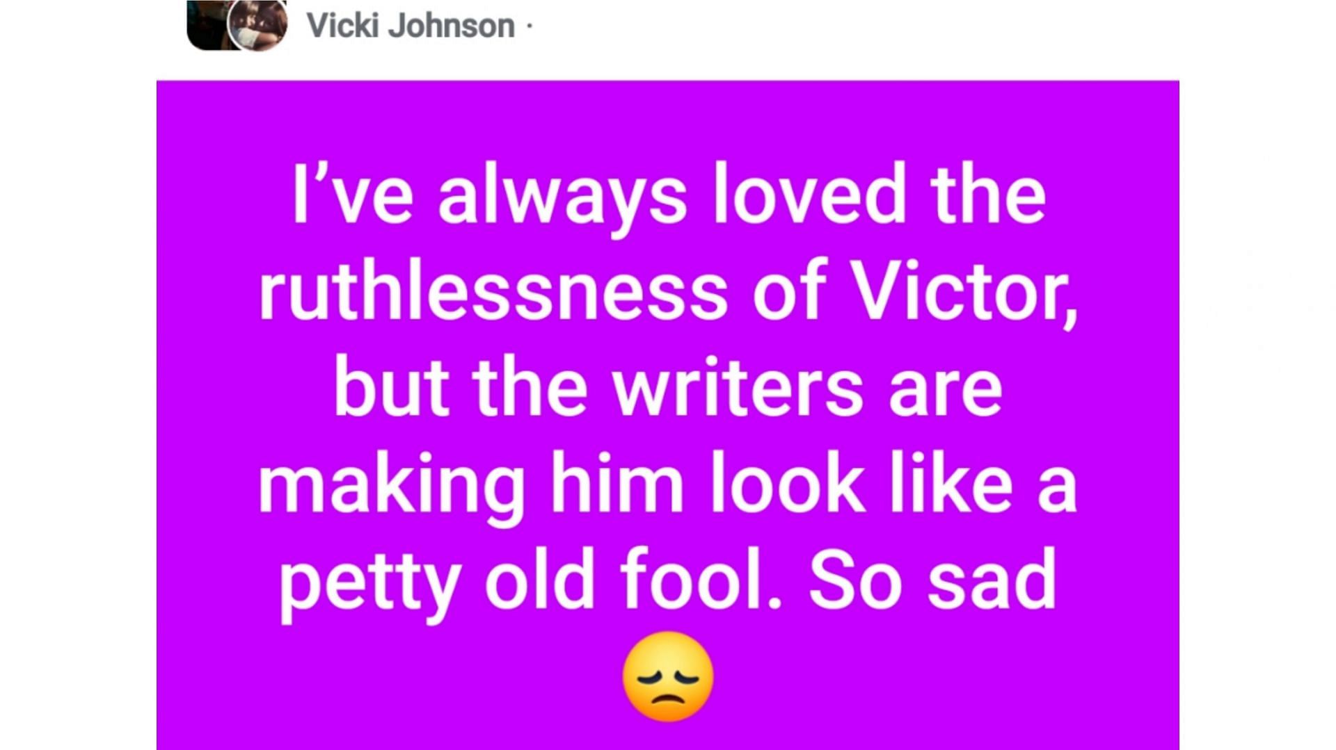 The Facebook post discussing Victor&#039;s recent actions on the soap (via Vicki Johnson / Facebook)