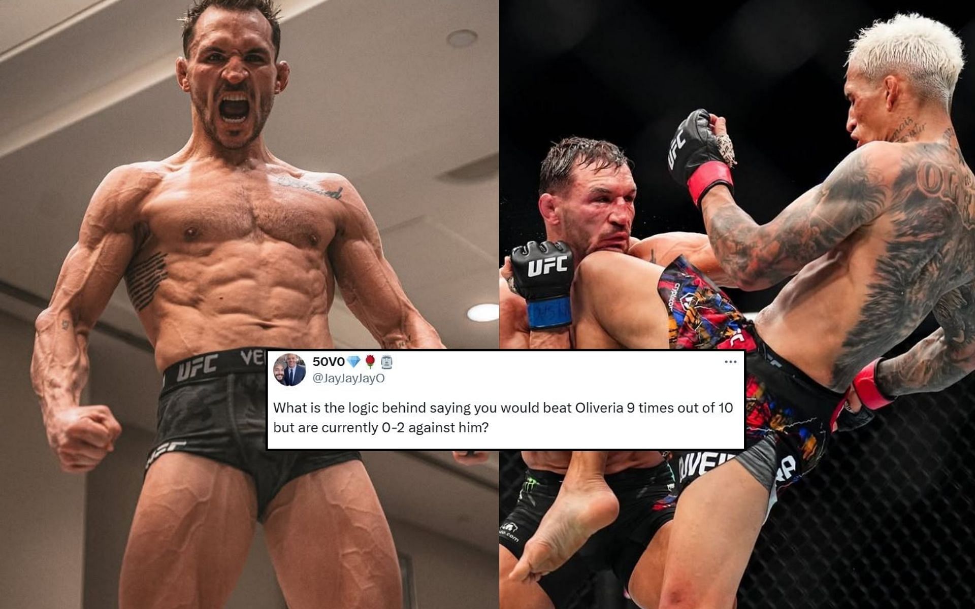 Michael Chandler (left) responds to a fan question (insert) about his opinions of beating Charles Oliveira (right) 9 times out of 10. [Image credit: @mikechandlermma, @charlesdobronxs on Instagram, @mikechandlermma on X]