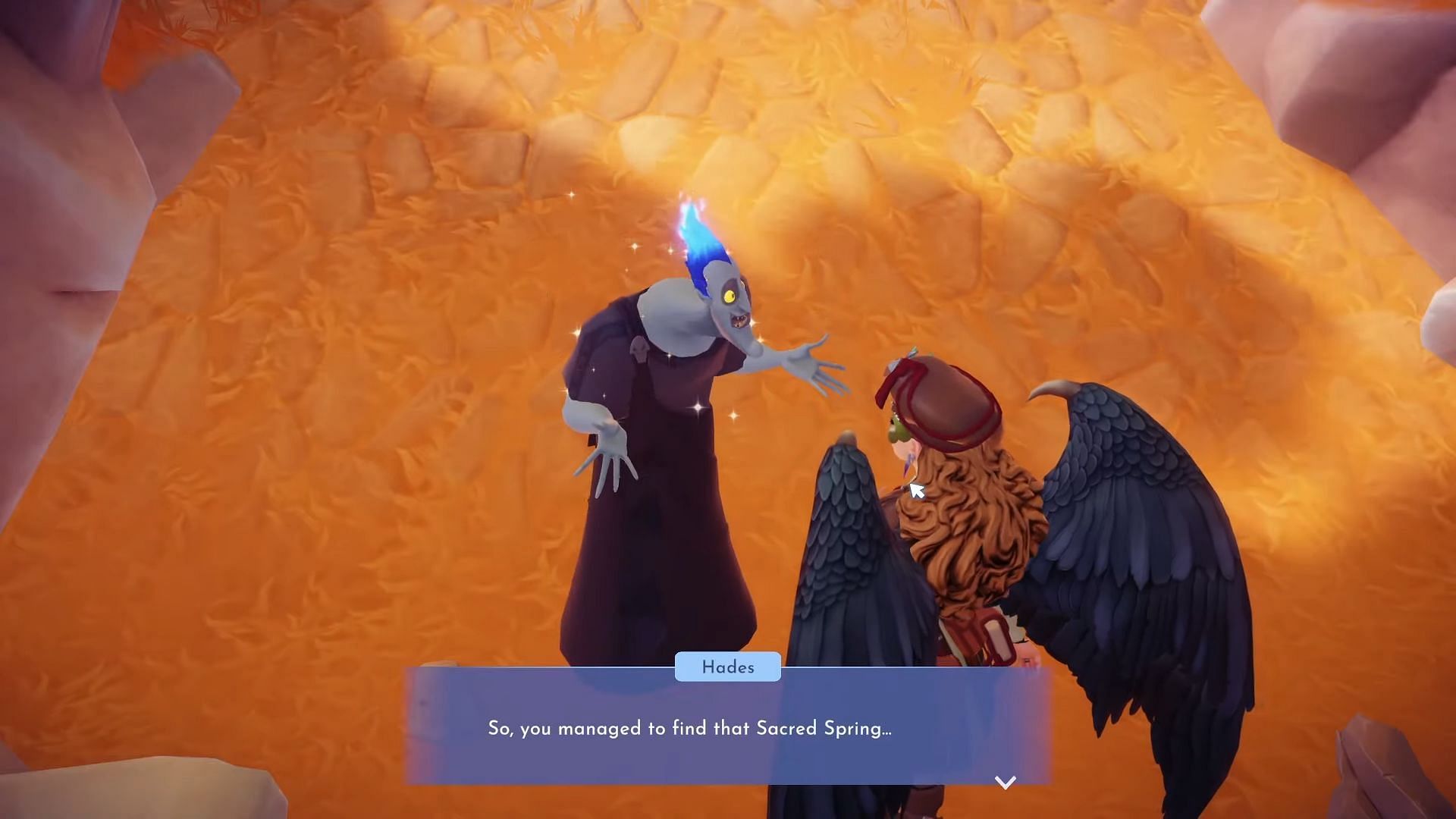 Talk to Hades in Disney Dreamlight Valley (Image via YouTube/@Bek || Gameloft)