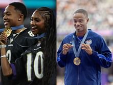 Olympic Champions Masai Russell and Quincy Hall react as Quincy Wilson's runs 2-fastest 600m race in US High school history