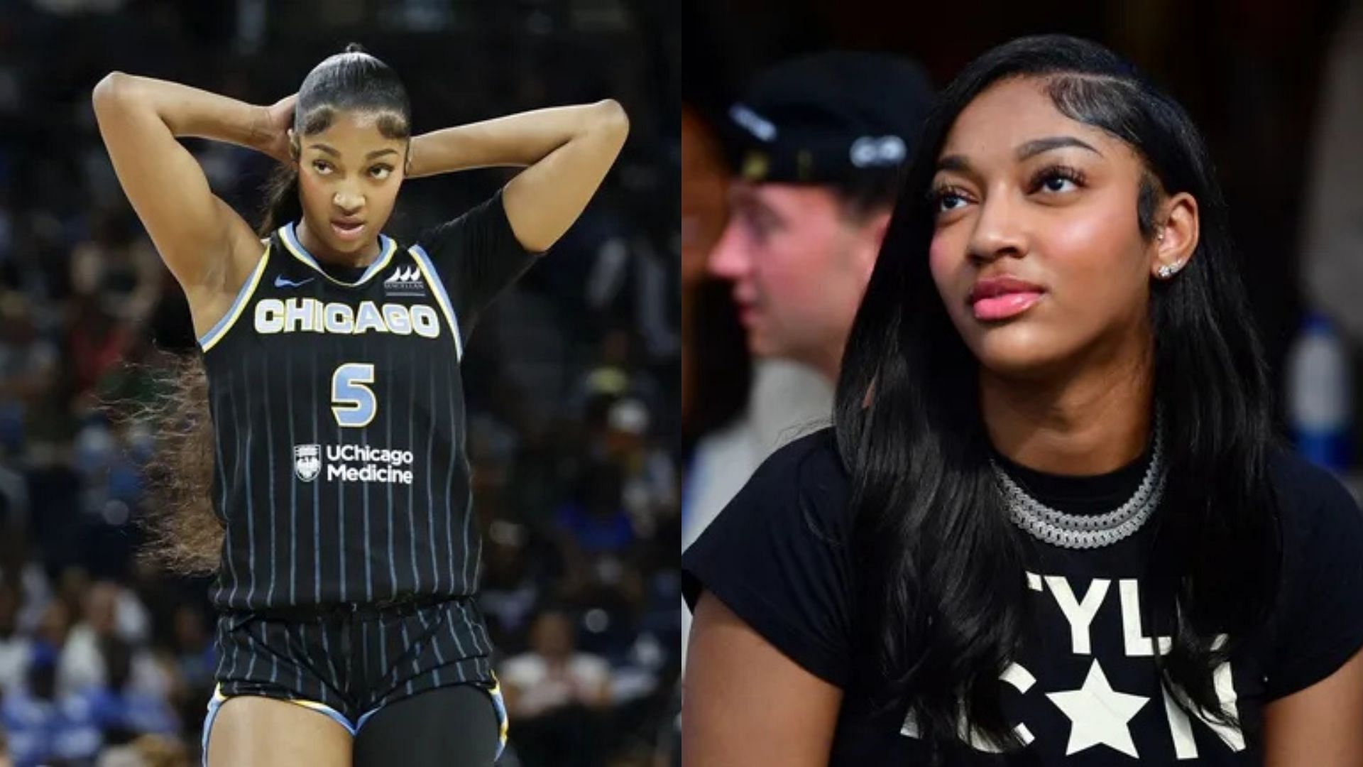 Chicago Sky forward Angel Reese playing in a WNBA game and attending a NBA game. Photo Credits: Imagn