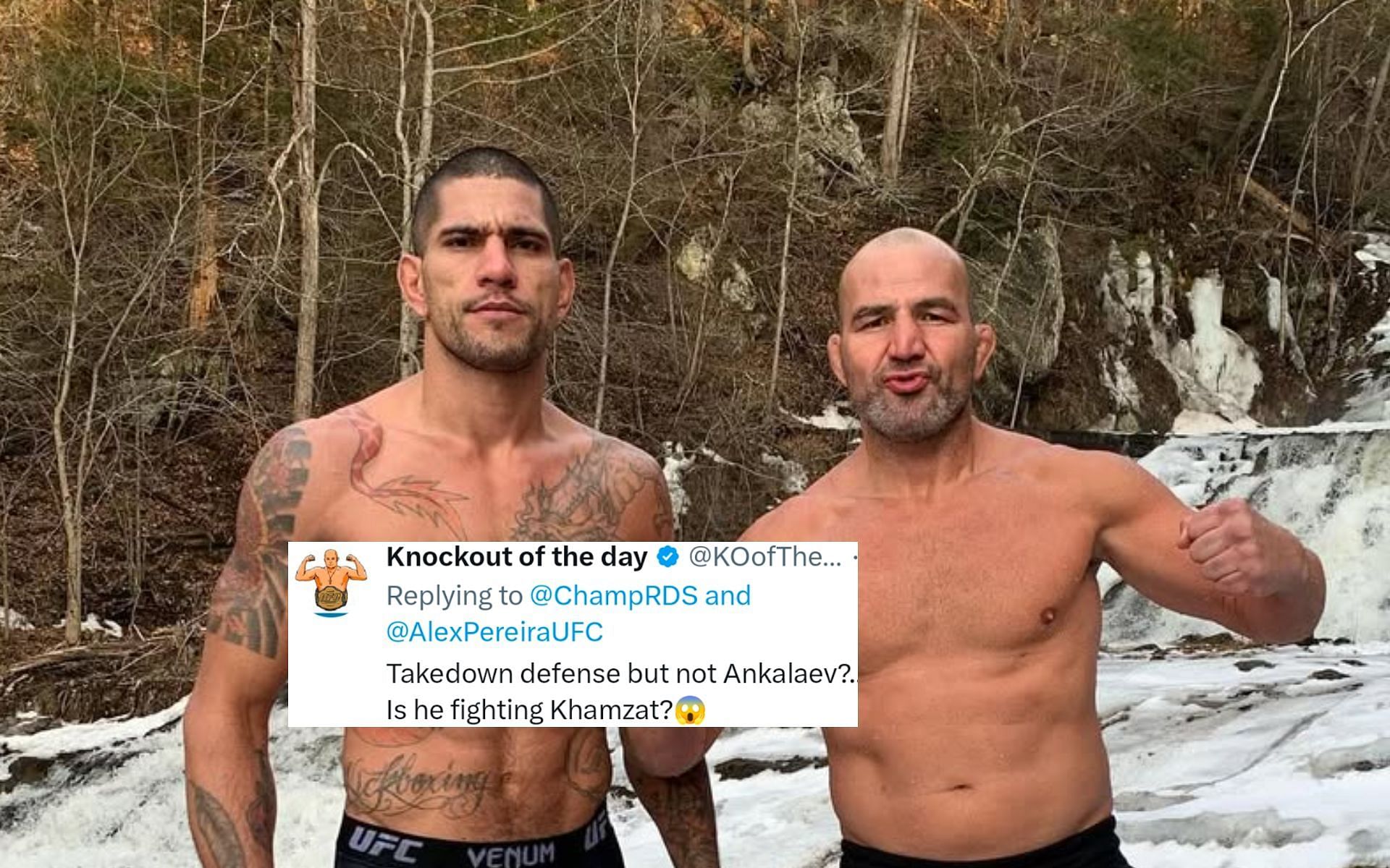 Fan reacts to Alex Pereira (left) and Glover Teixeira (right) working on takedown defense at trampoline park. [Image courtesy: @gloverteixeira on Instagram]