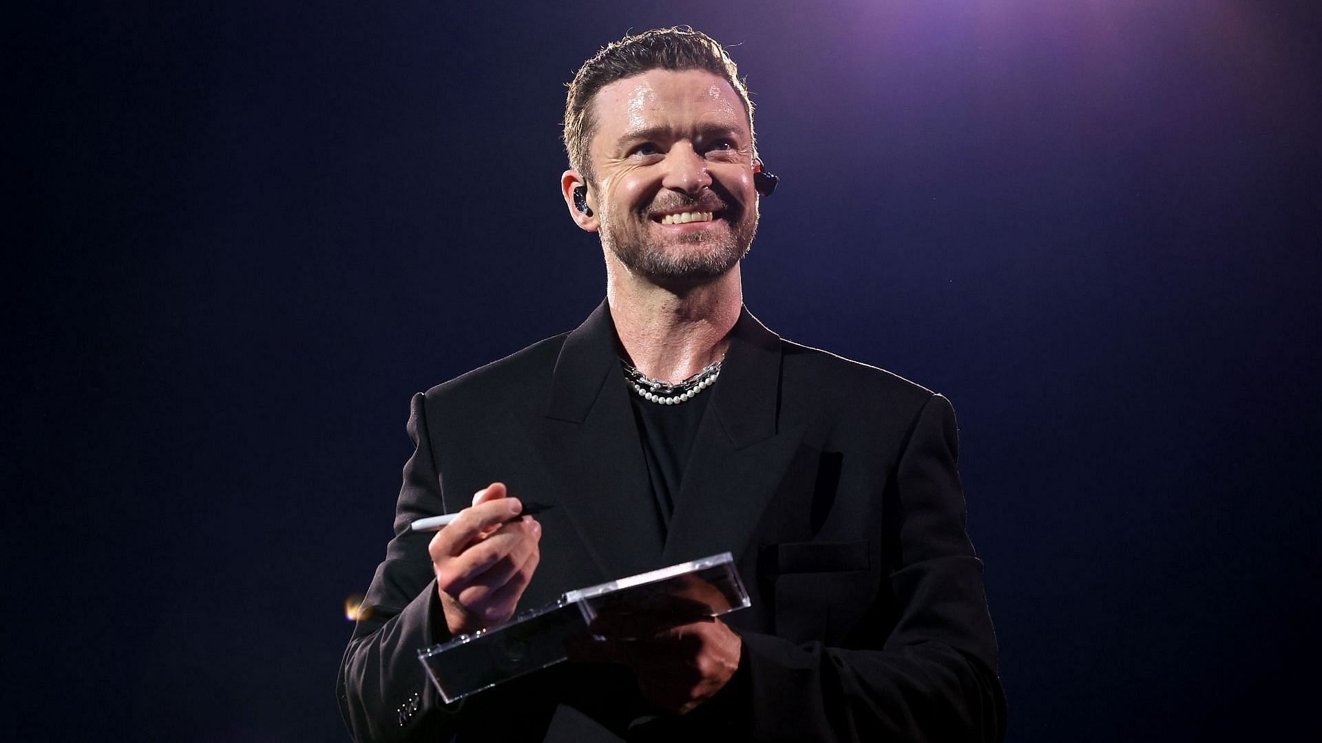 Artist Justin Timberlake performs onstage during the &#039;Forget Tomorrow&#039; World Tour at Barclays Center on October 07, 2024, in New York City. (Image via Getty/Kevin Mazur)