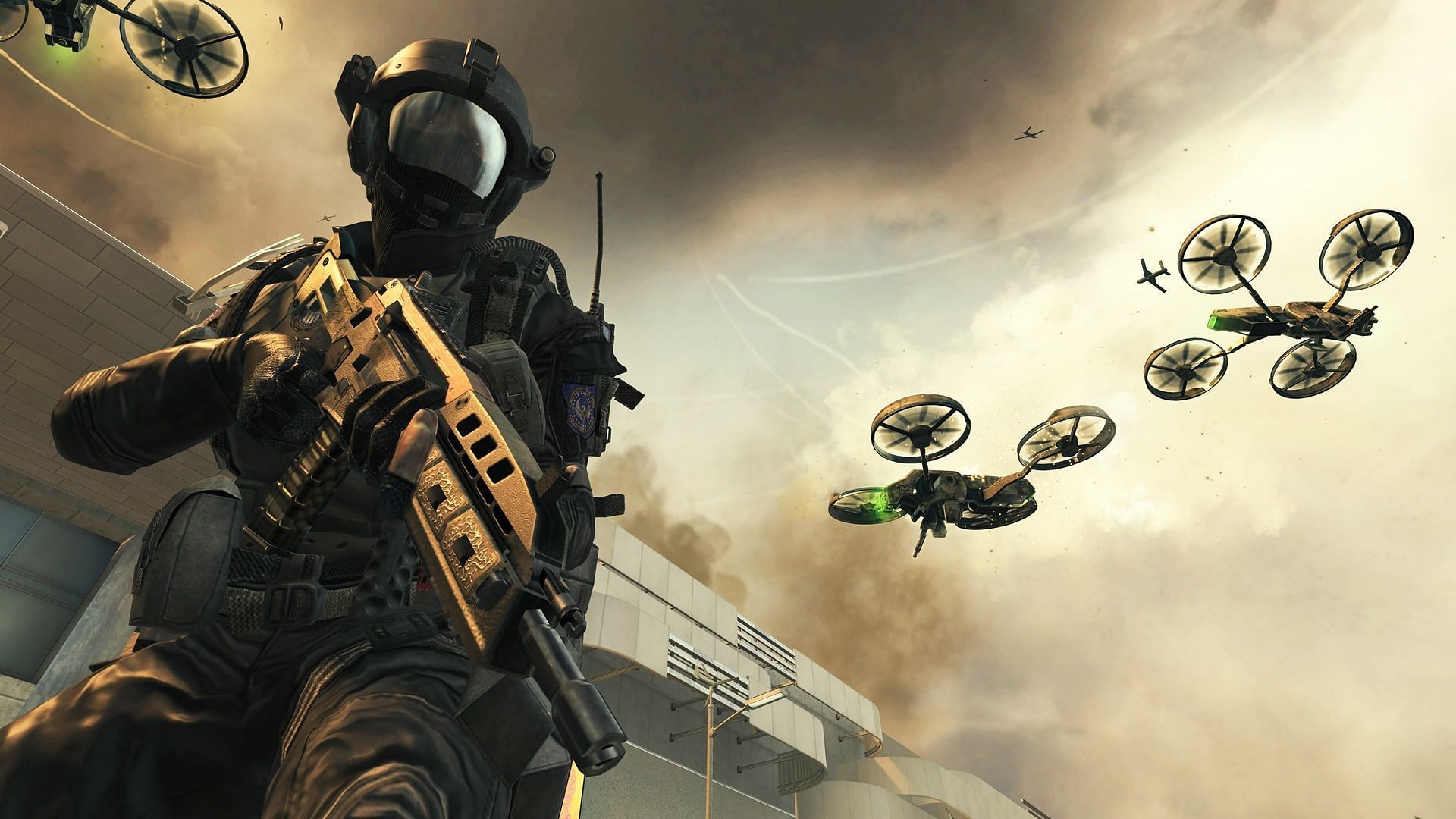 An Operator in Call of Duty holding a rifle as drones fly behind him