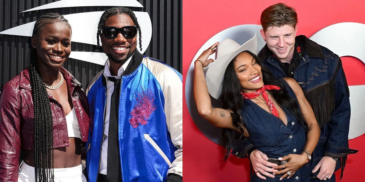 Noah Lyles and Junelle Bromfield react to Tara Davis-Woodhall and husband Hunter Woodhall GQ Sports photoshoot. (Images by Getty)