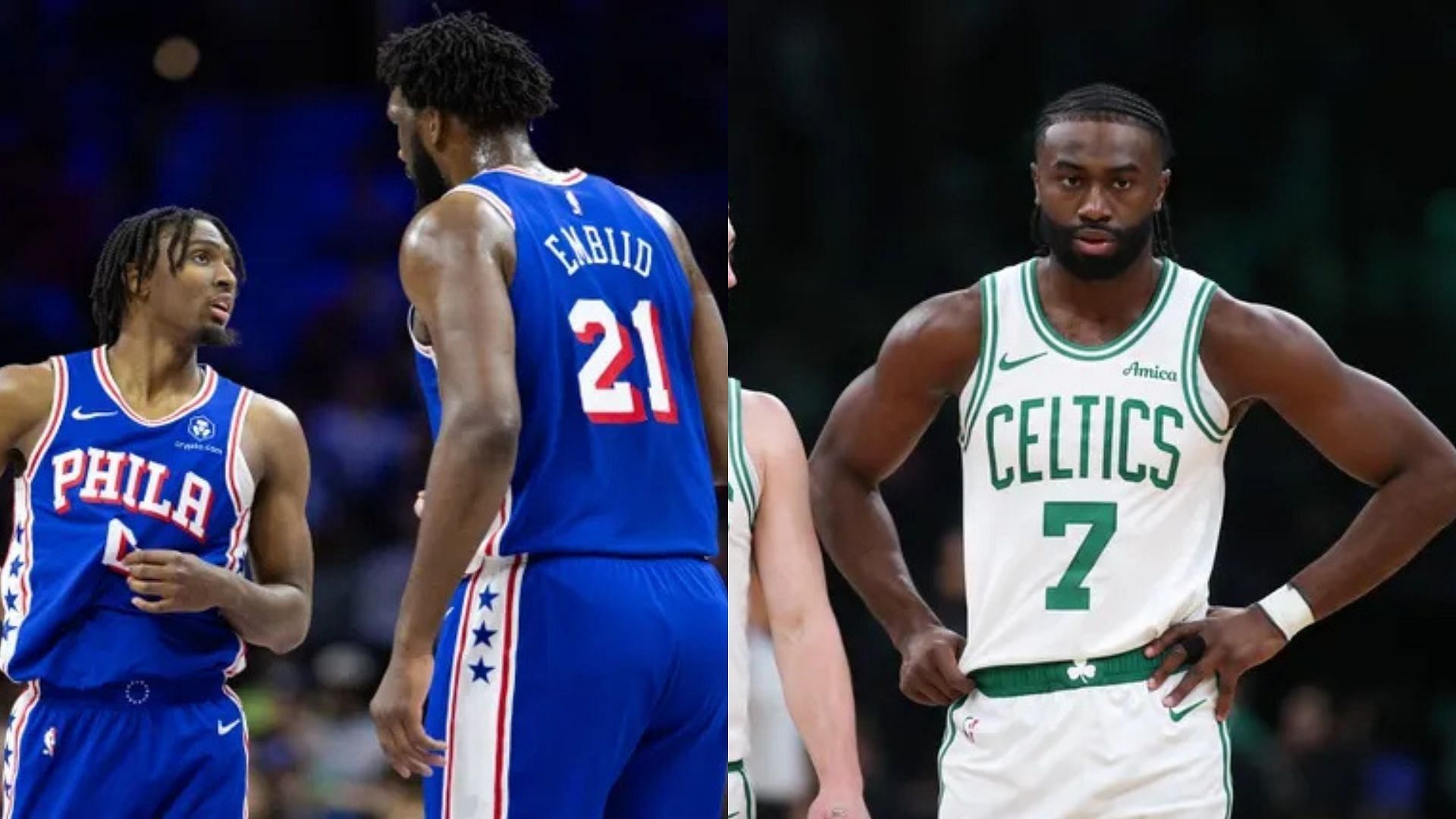 Tyrese Maxey and Joel Embiid of the Philadelphia 76ers, Jaylen Brown of the Boston Celtics. Photo Credits: Imagn