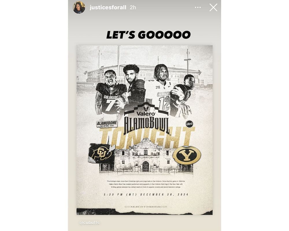 Ferrante Edmonds hypes her son Travis Hunter ahead of the Colorado Buffaloes&#039;s Alamo Bowl game. (Credits: IG /@justiceforall)