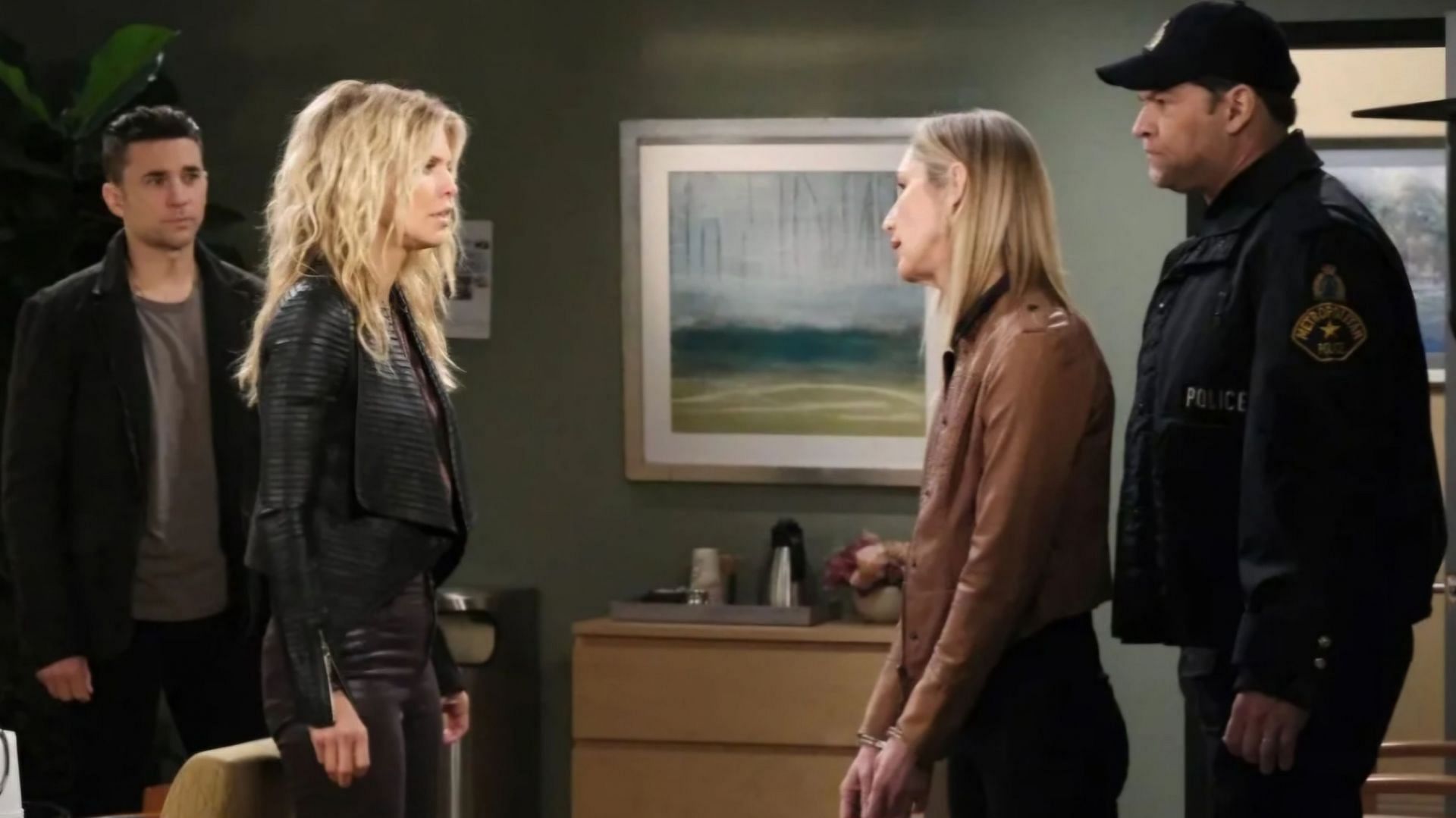 Susan Elena Matus as Catharina, sharing a scene with her onscreen daughter Cat Greene as Chad DiMera watches, in a still from Days of Our Lives (via Peacock)