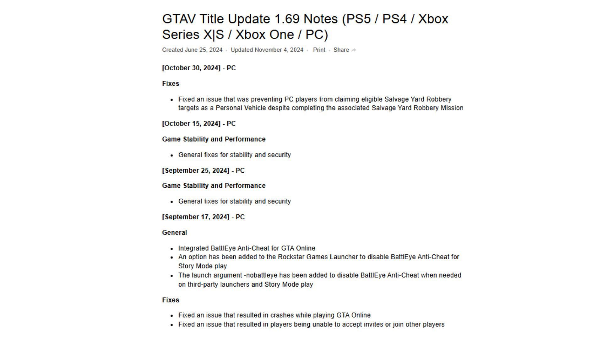 Details of previously released Grand Theft Auto 5 Online PC patches (Image via Rockstar Games)